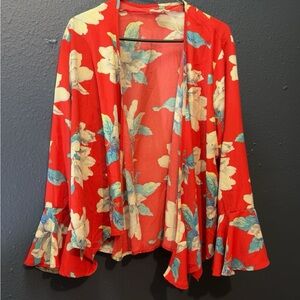 Red Floral Open-Front Kimono Cardigan